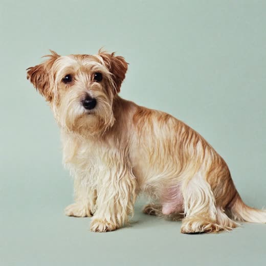 A freshly bathed small terrier on a pale mint background